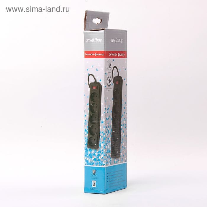 Фильтр сетевой Smartbuy One, 5 розеток, 3 м, 2200 Вт, 10 А, заземление, выключатель, чёрный — фото 2