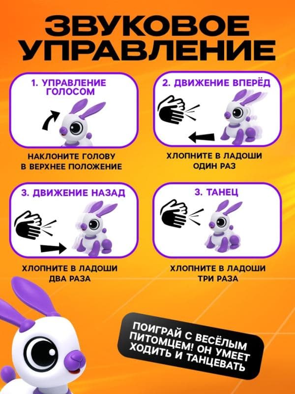 Робот кролик «Питомец» IQ BOT, интерактивный: с записью звуков, реагирует на хлопки, звук, свет, на батарейках, розовый — фото 5