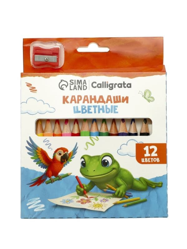 Карандаши 12 цветов, Calligrata, МИНИ, толстые, дерево, трехгранные, с точилкой — фото 2
