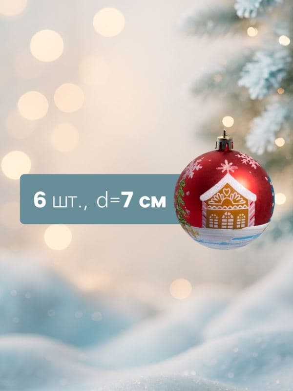 Ёлочные шары набор 6 шт. «Домик», d=7 см, красные — фото 2