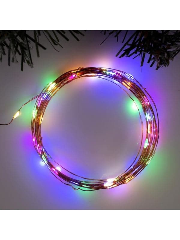 Гирлянда «Нить» 5 м роса, IP20, медная нить, 50 LED, свечение мульти, 2 режима, ААх3 — фото 4