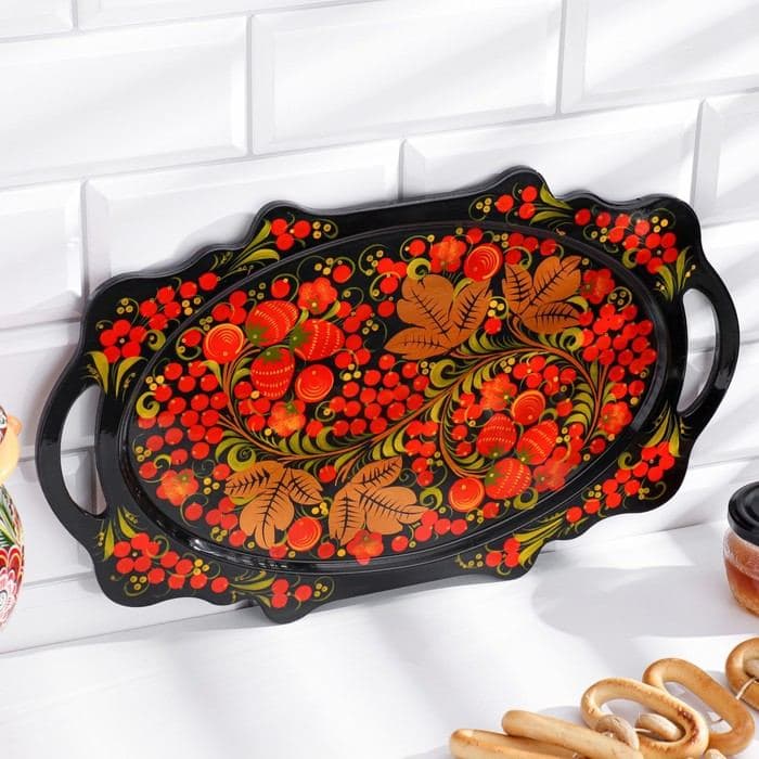 Поднос деревянный с ручками «Керженский», 37×20.5×2.5 см, хохлома, ручная роспись, МИКС — фото 1