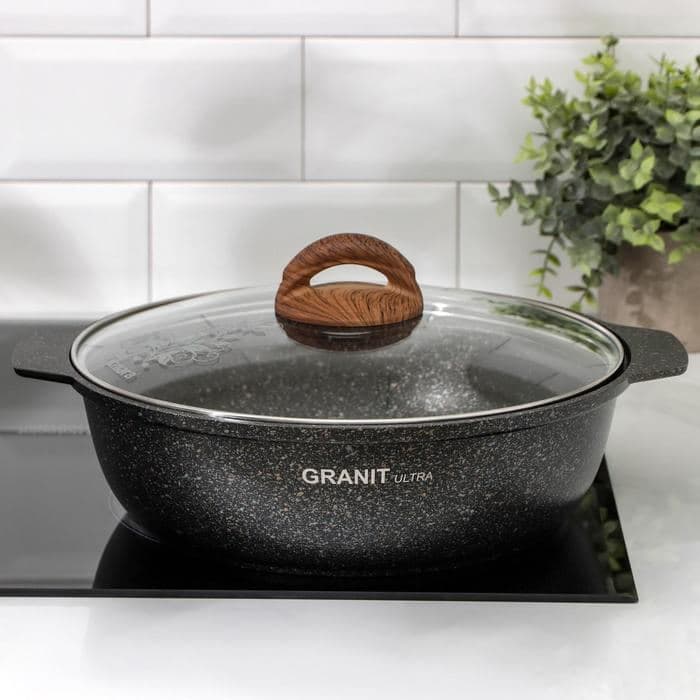 Кастрюля-жаровня KUKMARA Granit ultra original, 3 л, d=27 см, стеклянная крышка, антипригарное покрытие, серый — фото 5
