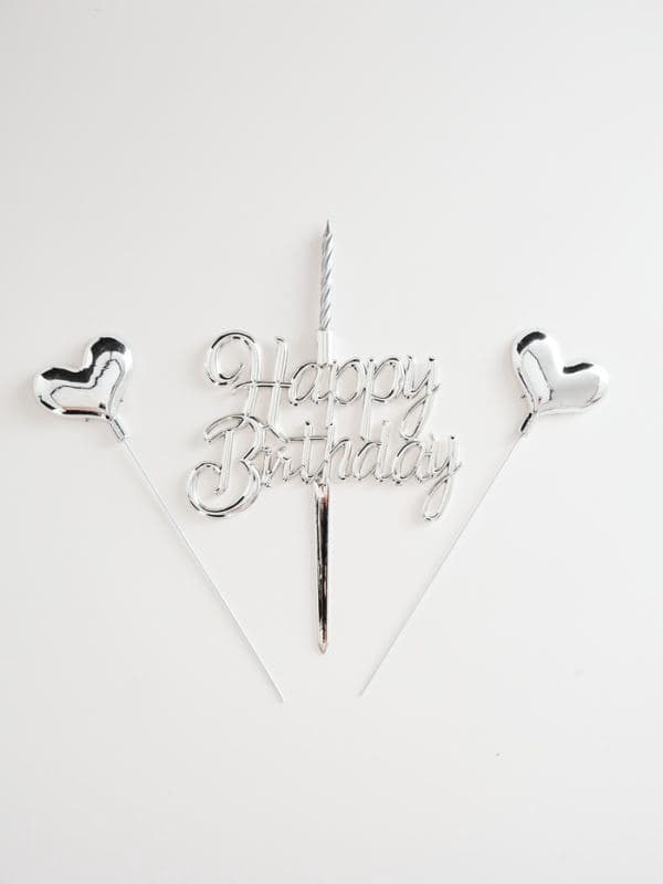 Топпер для торта Happy Birthday, серебряный с сердечками и свечкой — фото 1