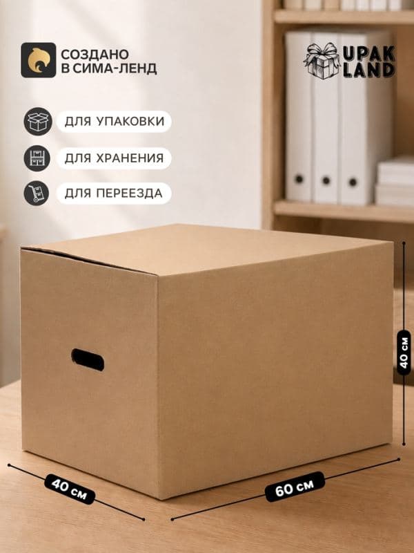 Коробка складная, бурая, для упаковки, хранения и переезда, с ручками 60×40×40 см — фото 1