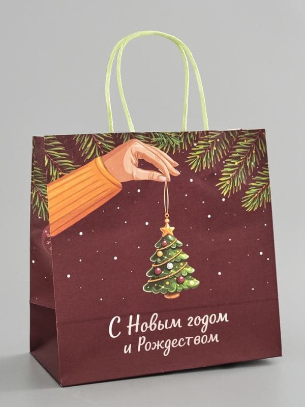 Пакет подарочный крафт «С Новым годом и рождеством», 22×22×11 см — фото 2