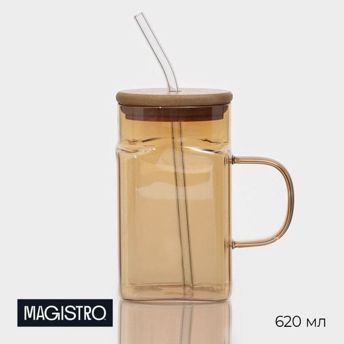 Банка Magistro «Эко», 620 мл, ручка, трубочка, с бамбуковой крышкой, стекло, прозрачная, золотая — фото 1