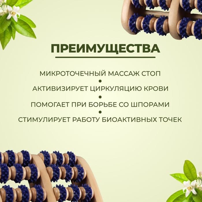 Массажёр для ног «Ножное счастье», 22×20×5.5 см, 5 рядов с шипами, деревянный, синий, бежевый — фото 2
