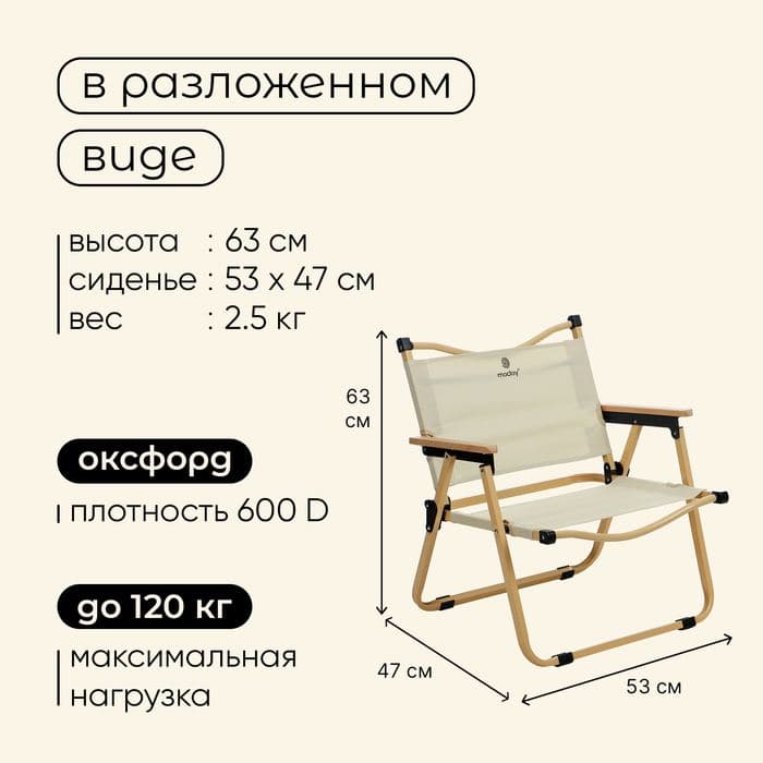 Кресло складное, 53×47×63 см, до 120 кг, бежевое — фото 3