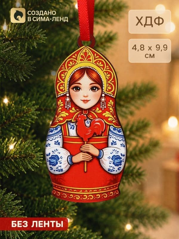 Елочная игрушка деревянная «Матрешка», 48×99 мм — фото 1