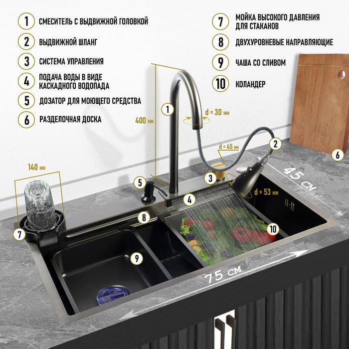 Мойка для кухни ZEIN M03, S=3.0 и 0.7 мм, смеситель, корзины, разделочная доска, сифон, графит — фото 2
