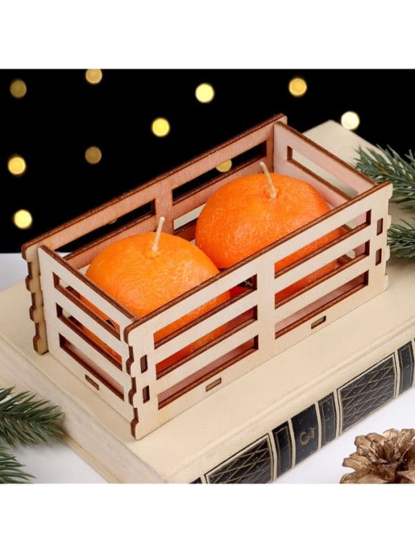 Свечи декоративные «Два мандарина», набор 2 шт., в деревянном ящике — фото 2