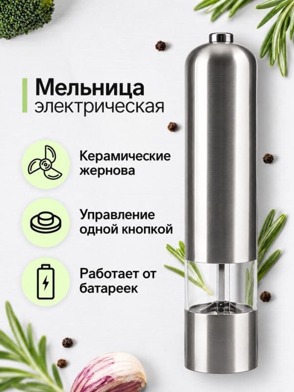 Мельница электрическая LET-002, металл, от батареек 4×АА, серебристая — фото 1