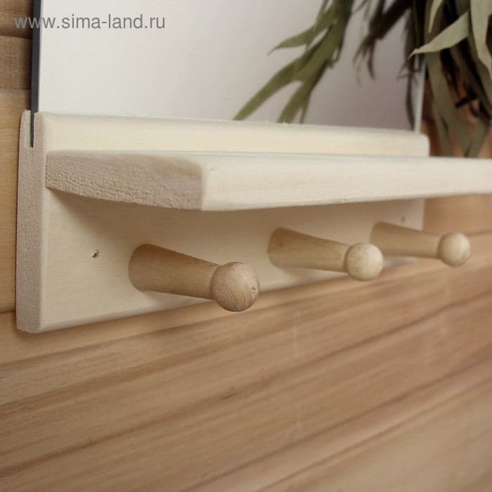 Полка - вешалка для бани и сауны «Классика», 36×25 см, настенная с зеркалом, липа, 3 крючка, «Добропаровъ» — фото 3