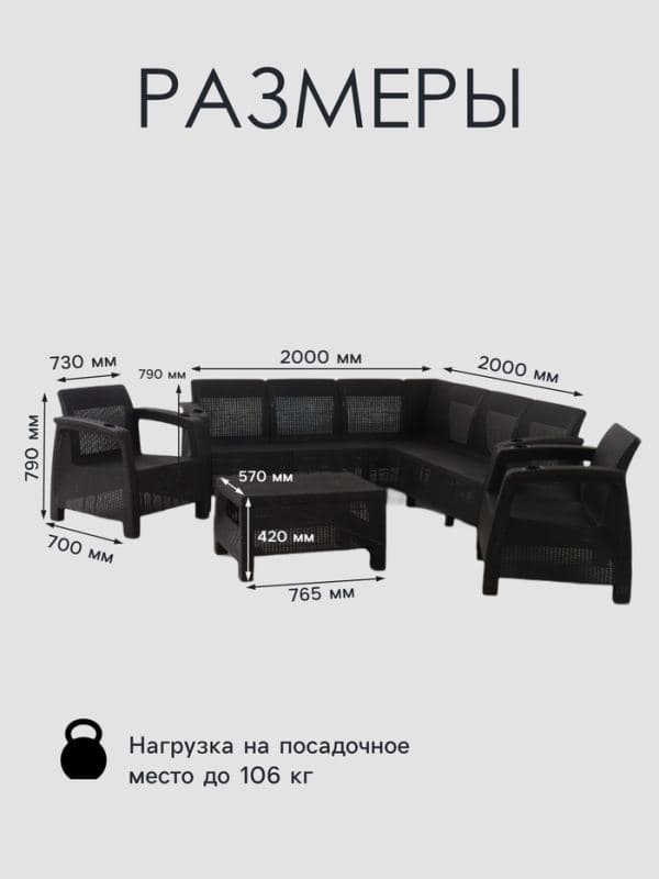 Набор садовой мебели «Ротанг»: 2 кресла, диван угловой, журнальный столик, пластиковый. коричневый — фото 2