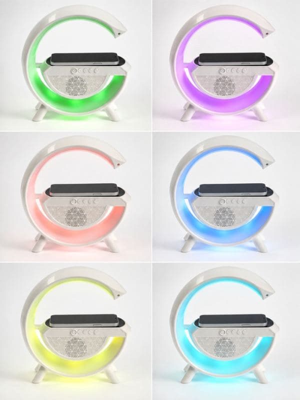 Колонка портативная - ночник, Bluetooth, беспроводная зарядка, часы, RGB-подсветка, 15 Вт, 3 А, белая — фото 4
