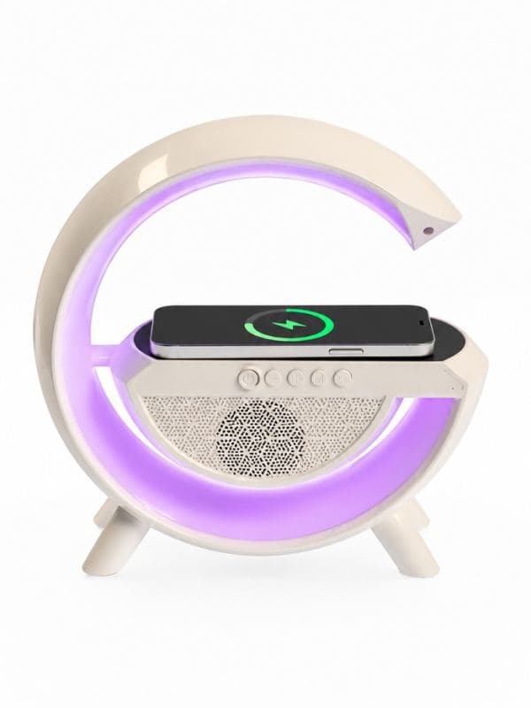 Колонка портативная - ночник, Bluetooth, беспроводная зарядка, часы, RGB-подсветка, 15 Вт, 3 А, белая — фото 2