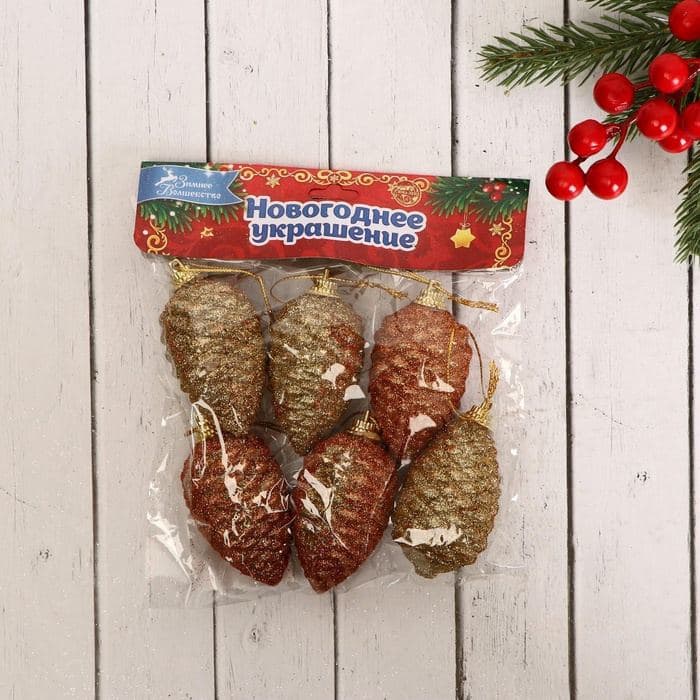Ёлочные игрушки 6 шт. «Шишка с переливами» 3.5×5.5 см, золото — фото 3