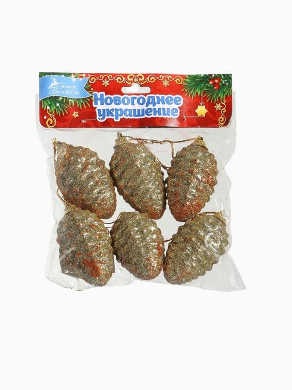 Ёлочные игрушки 6 шт. «Шишка с переливами» 3.5×5.5 см, золото — фото 5