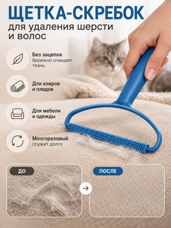 Щетка-скребок для одежды от волос и шерсти, пластик, металл, 16.5×13.5 см, зеленый — фото 1