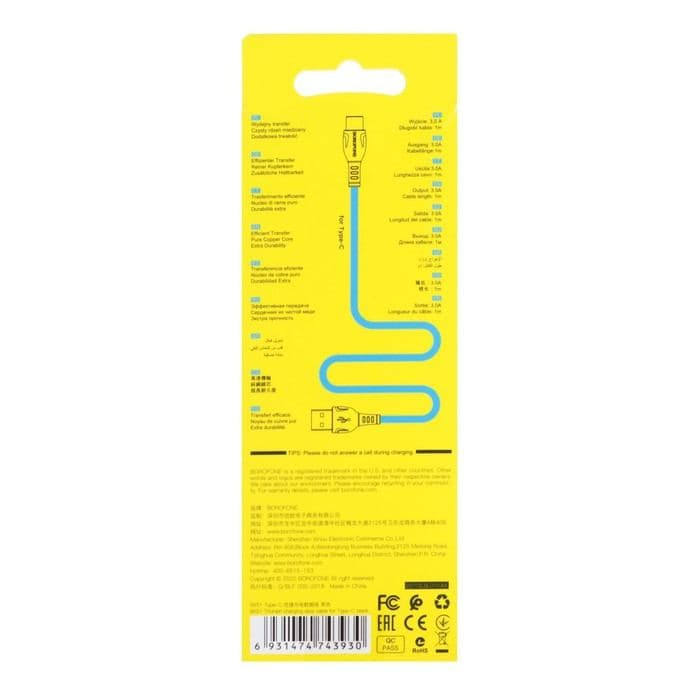 Кабель Borofone BX51, Type-C - USB, 3 А, 1 м, PVC оплётка — фото 5