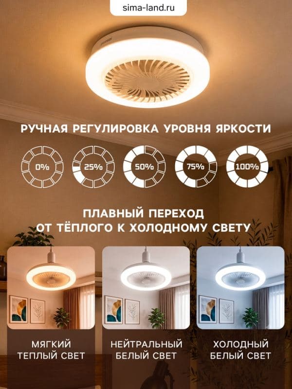 Светильник - вентилятор с пультом VKL electric FL-01, Е27, 24 Вт, 23×12 см, белый — фото 2