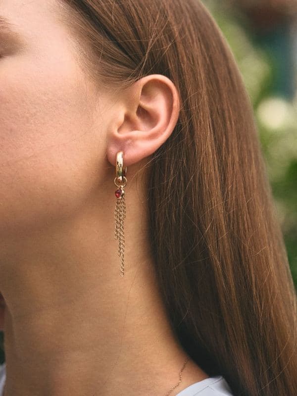 Серьги-конго «Два сердца» с цепями, красно-бордовые в золоте — фото 5