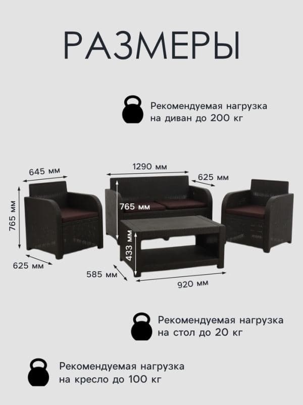 Комплект садовой мебели DeRattan: диван двухместный, 2 кресла, журнальный столик, коричневый — фото 2