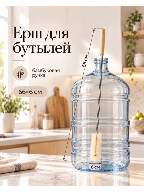 Ерш для бутылей, 66×6 см, бамбуковая ручка, ворс бежевый — фото 1