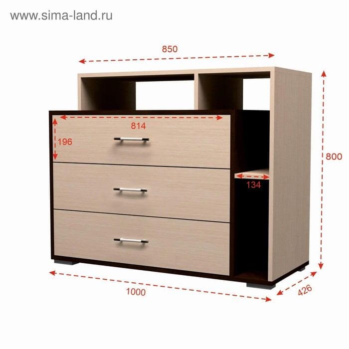 Комод напольный в спальню «Юнона», с полками, 3 ящика, 1000×426×800 мм, цвет венге/дуб — фото 2