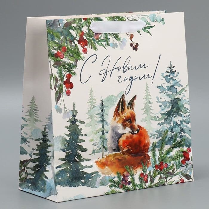 Пакет подарочный новогодний ламинированный квадратный Forest, 30×30×12 см — фото 4