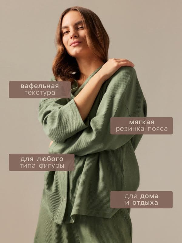 Пижама женская: рубашка, брюки, SL HOME Soft Home, размер 44 (M) оливковая — фото 2