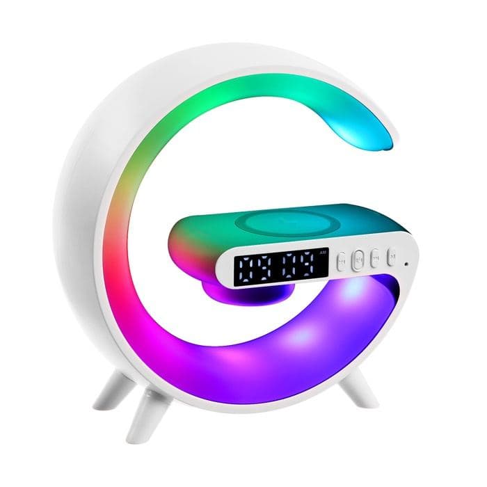 Колонка портативная - ночник G63, Bluetooth, беспроводная зарядка, часы, RGB-подсветка, 15 Вт, 1800 мАч, белая — фото 4
