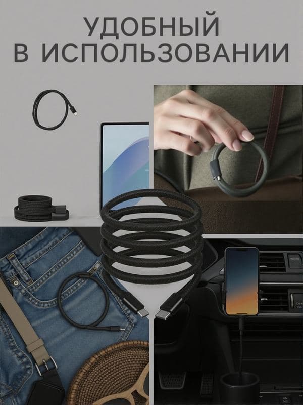 Кабель Type-C - USB, магнитный, 3 А, 60 Вт, с оплёткой, чёрный — фото 5