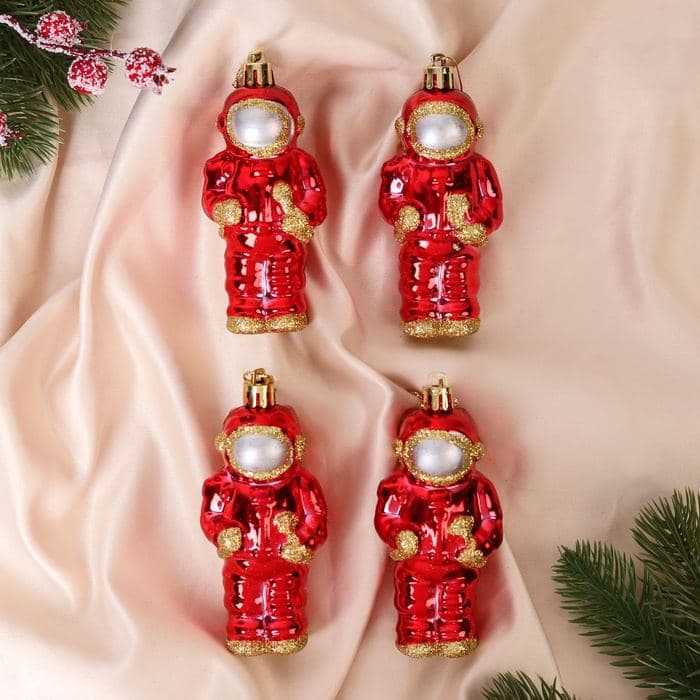 Ёлочные игрушки 4 шт. «Космонавт», 4.5×10.5 см, красное — фото 2