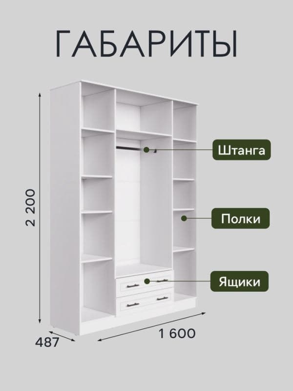 Шкаф прямой четырёхстворчатый «Ривьера», с зеркалом, 1600×487×2200, цвет белый/шато белый — фото 2