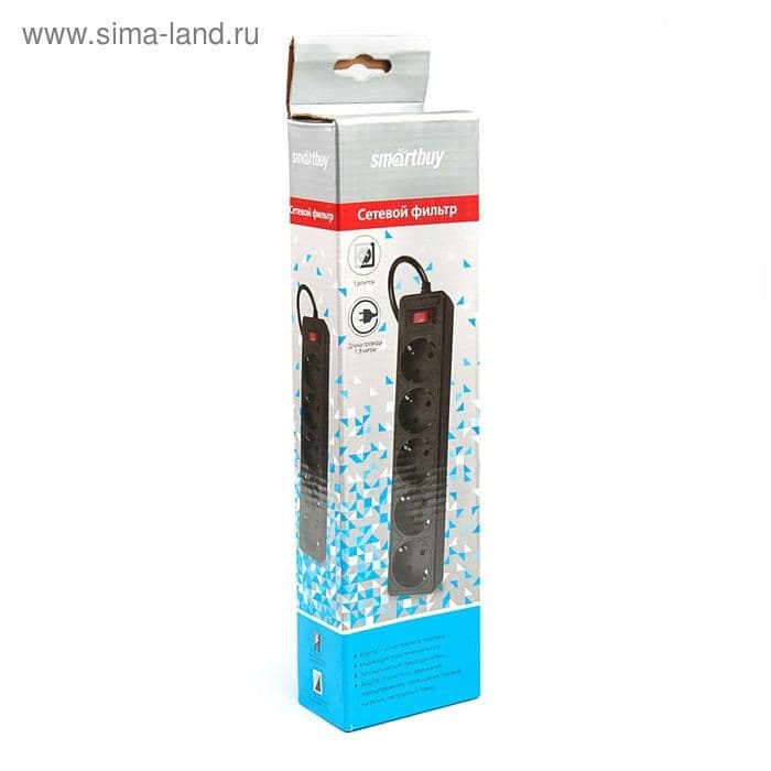 Фильтр сетевой Smartbuy One, 5 розеток, 1.8 м, 2200 Вт, 10 А, заземление, выключатель, чёрный — фото 2