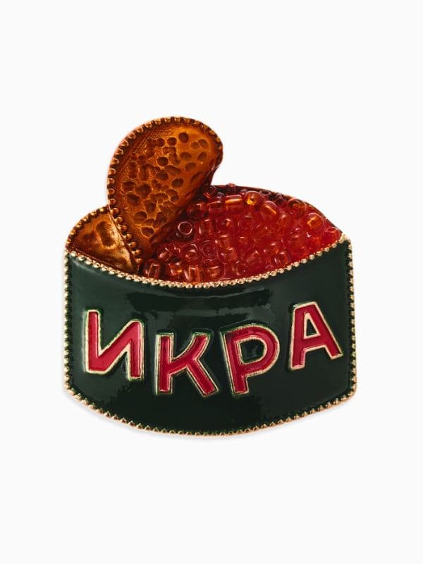 Брошь новогодняя «Баночка икры», цветная в золоте — фото 5
