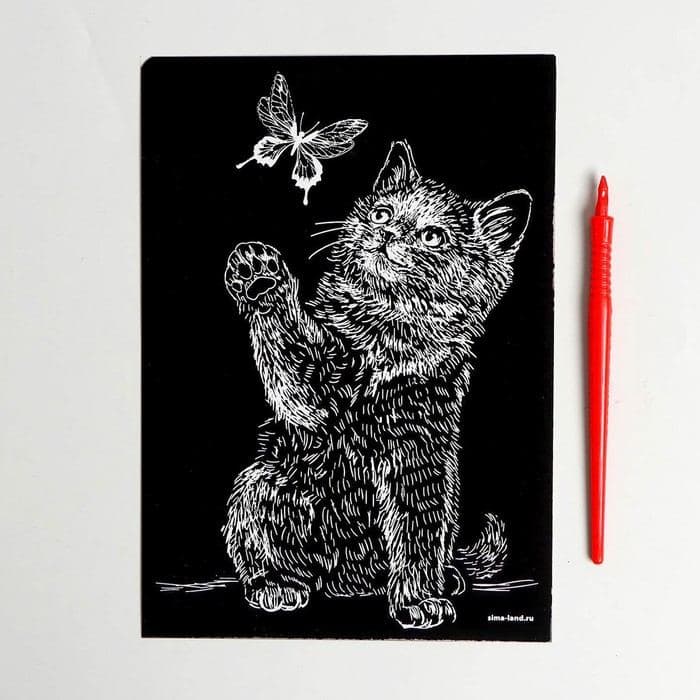 Гравюра «Котёнок и бабочка» с металлическим эффектом серебро, А5 — фото 3